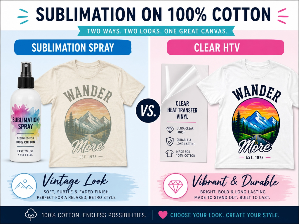 Infographic comparing sublimation spray for a vintage look versus clear HTV for vibrant and durable results on 100% cotton shirts.