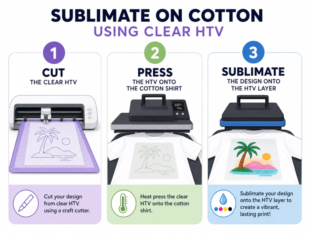Step-by-step guide showing how to sublimate on cotton using clear HTV: 1. Cut HTV, 2. Press HTV onto shirt, 3. Sublimate design onto HTV.
