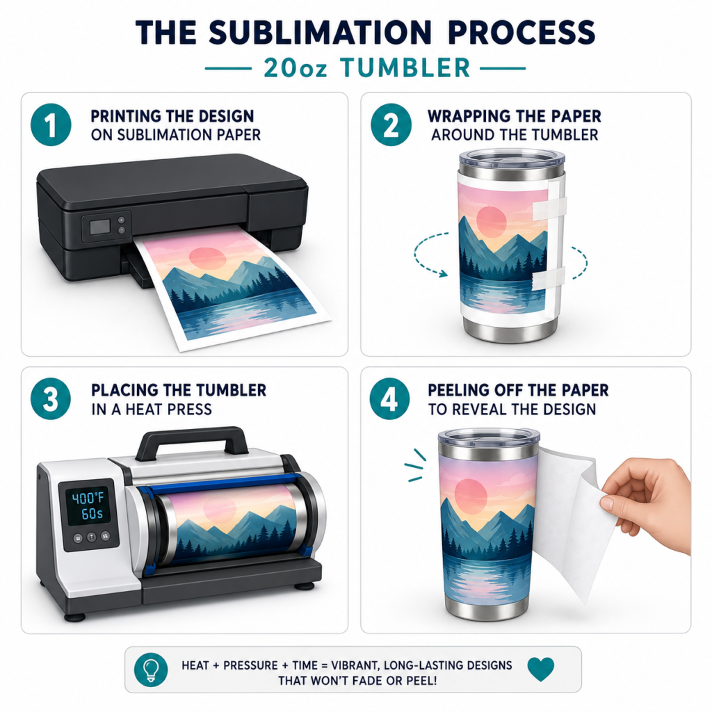 4-Step Sublimation Process Illustration for 20oz Tumblers