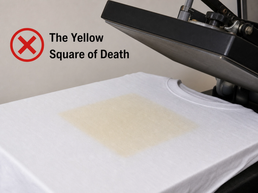 A white t-shirt with a visible yellow square mark from a heat press, indicating scorching from sublimation spray.