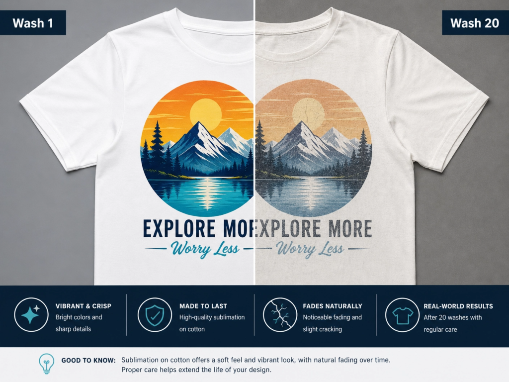 A t-shirt design showing vibrant colors after 1 wash on the left, and a faded, distressed version after 20 washes on the right, demonstrating the longevity of sublimation on cotton with sprays.