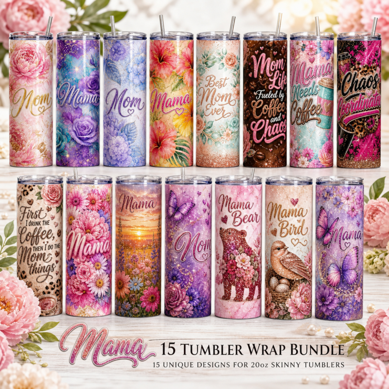 Mama 20oz Tumbler Wrap Bundle - 15 Unique Floral & Glitter Designs | Perfect Gifts for Mom | Mother's Day Gift Idea
