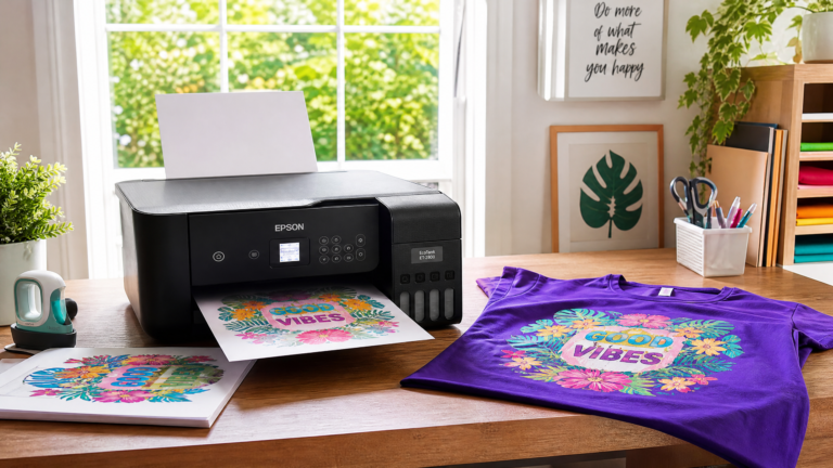 Organized craft desk featuring an Epson EcoTank sublimation printer and a finished polyester t-shirt.
