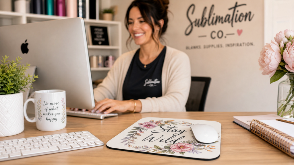 A high-quality lifestyle mockup of a finished floral sublimated mouse pad on a modern desk next to a white keyboard and mug, with a woman working on a computer in the soft-focus background.