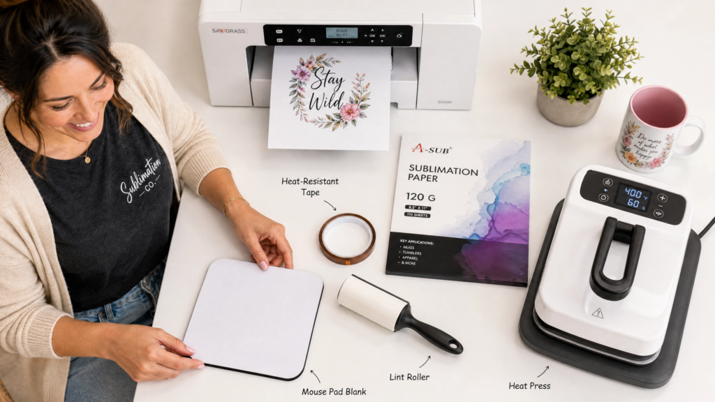 Overhead flat-lay of sublimation supplies on a white desk, including a Sawgrass printer, A-SUB paper, a heat press, and a mouse pad blank, with a woman's hands neatly arranging the items.