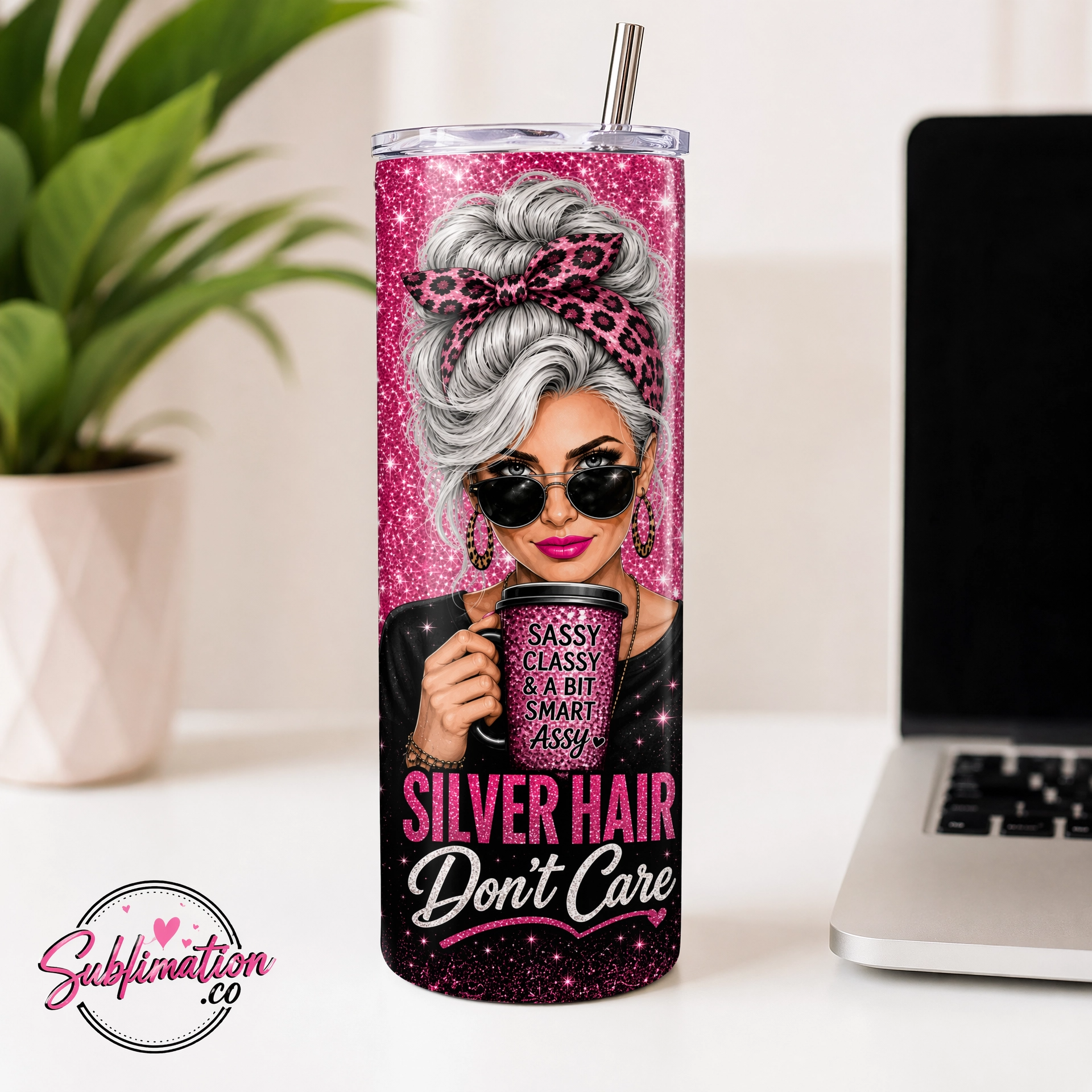 Silver Hair Don’t Care 20oz Tumbler Wrap PNG | Vintage Masterpiece Aged to Perfection Sublimation Design | Chic Woman Pink Glitter & Leopard Print Tumbler Wrap | Sassy Classy Smart Assy Digital Download | Always Me Glamorous Tumbler Skin - Image 3
