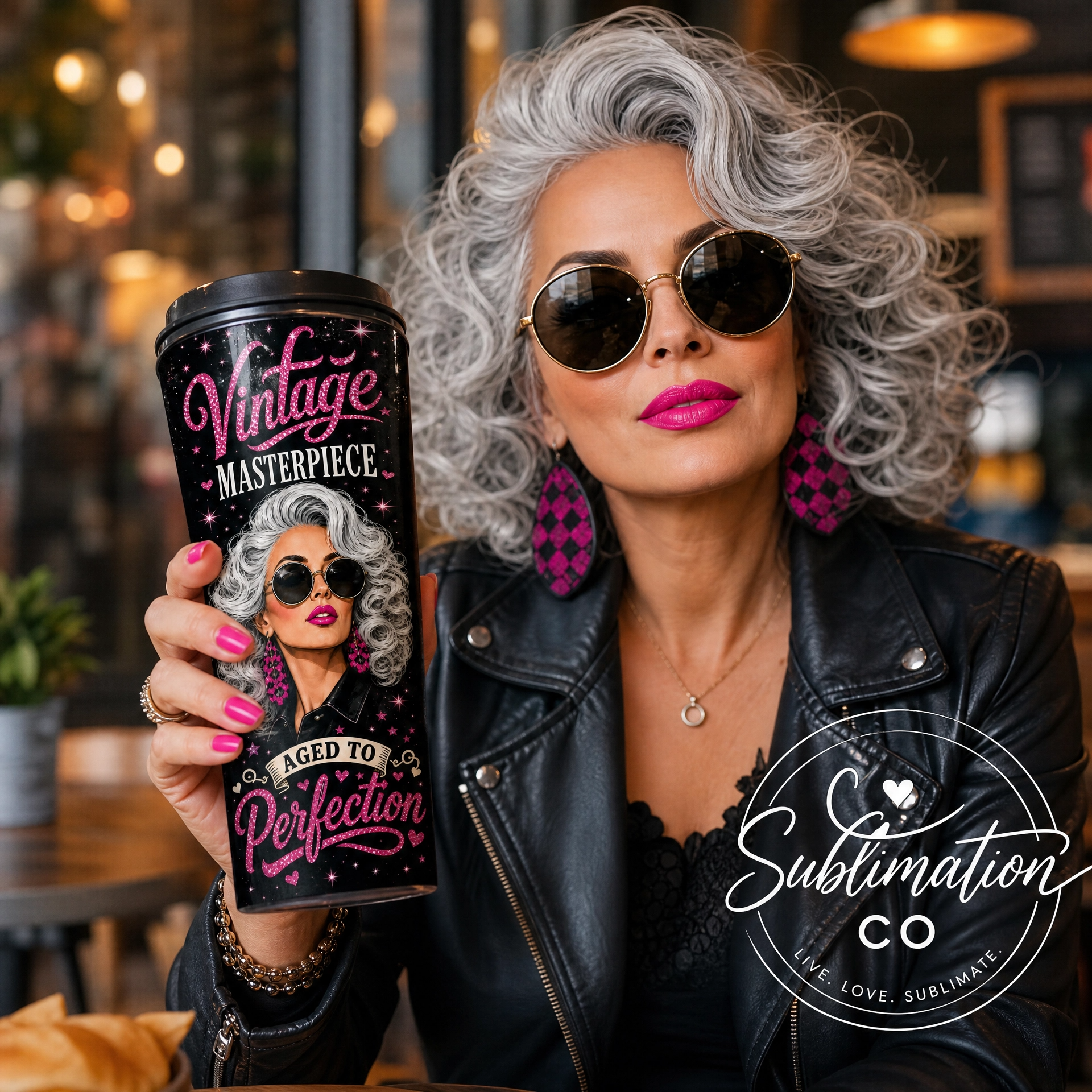Silver Hair Don’t Care 20oz Tumbler Wrap PNG | Vintage Masterpiece Aged to Perfection Sublimation Design | Chic Woman Pink Glitter & Leopard Print Tumbler Wrap | Sassy Classy Smart Assy Digital Download | Always Me Glamorous Tumbler Skin - Image 2