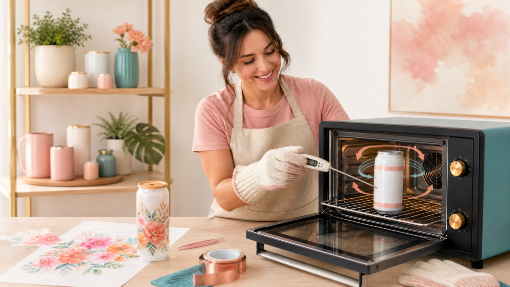 A smiling crafter checks a dedicated convection sublimation oven with thermometers and a wrapped glass can inside.