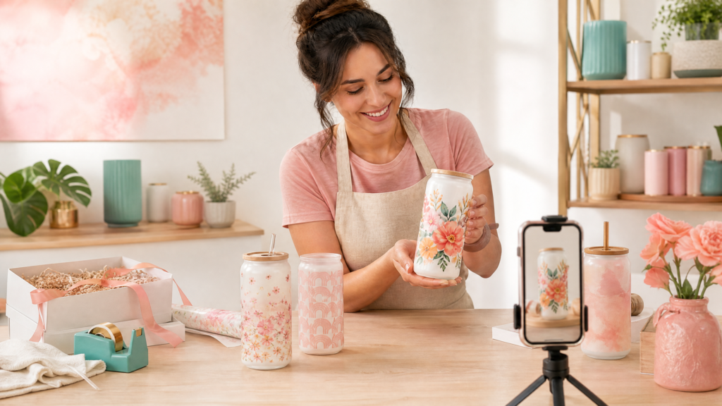 A smiling crafter displays a finished floral sublimated glass soda can beside styled drinkware and packaging supplies.