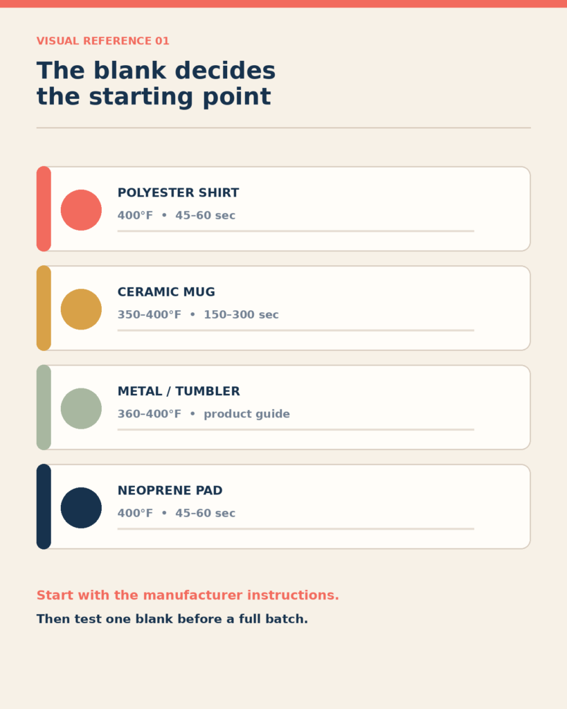 Illustration: Use the substrate as your first decision point. The “right” setting for a shirt is not automatically right for a mug or tumbler.