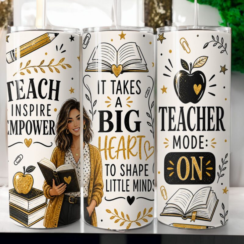 Teacher Tumbler Wrap, Teach Inspire Empower Sublimation PNG, Teacher Appreciation 20 oz Skinny Tumbler Design