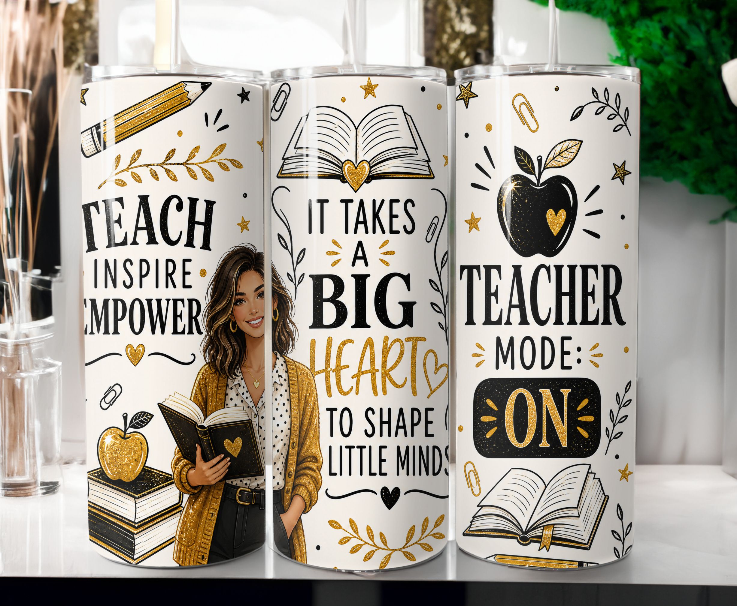 Teacher Tumbler Wrap, Teach Inspire Empower Sublimation PNG, Teacher Appreciation 20 oz Skinny Tumbler Design