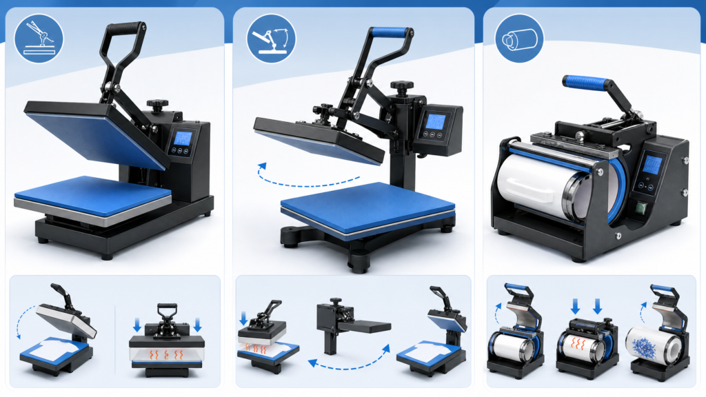 Heat Press Comparison: Clamshell, Swing-away, Tumbler