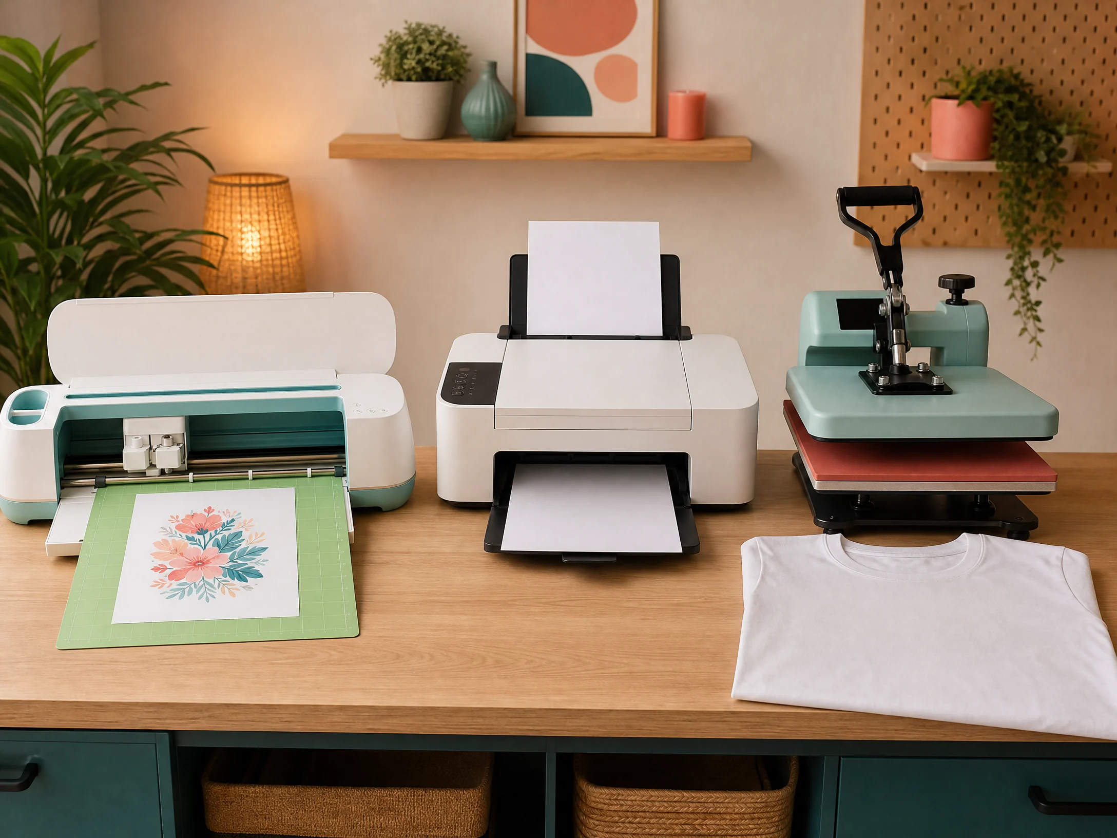 Cricut machine and sublimation printer shown as separate parts of a complete crafting workflow