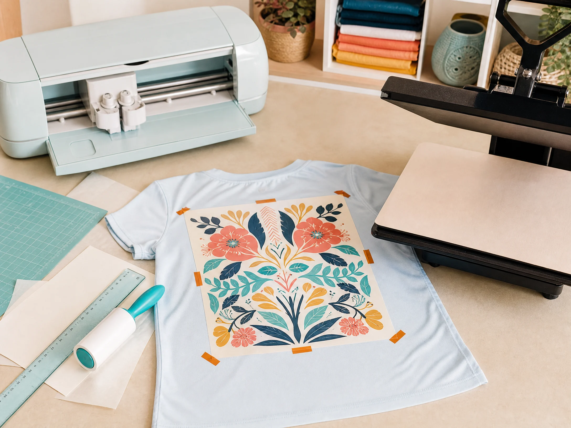 Cricut-prepared sublimation transfer taped to a polyester shirt beside a heat press