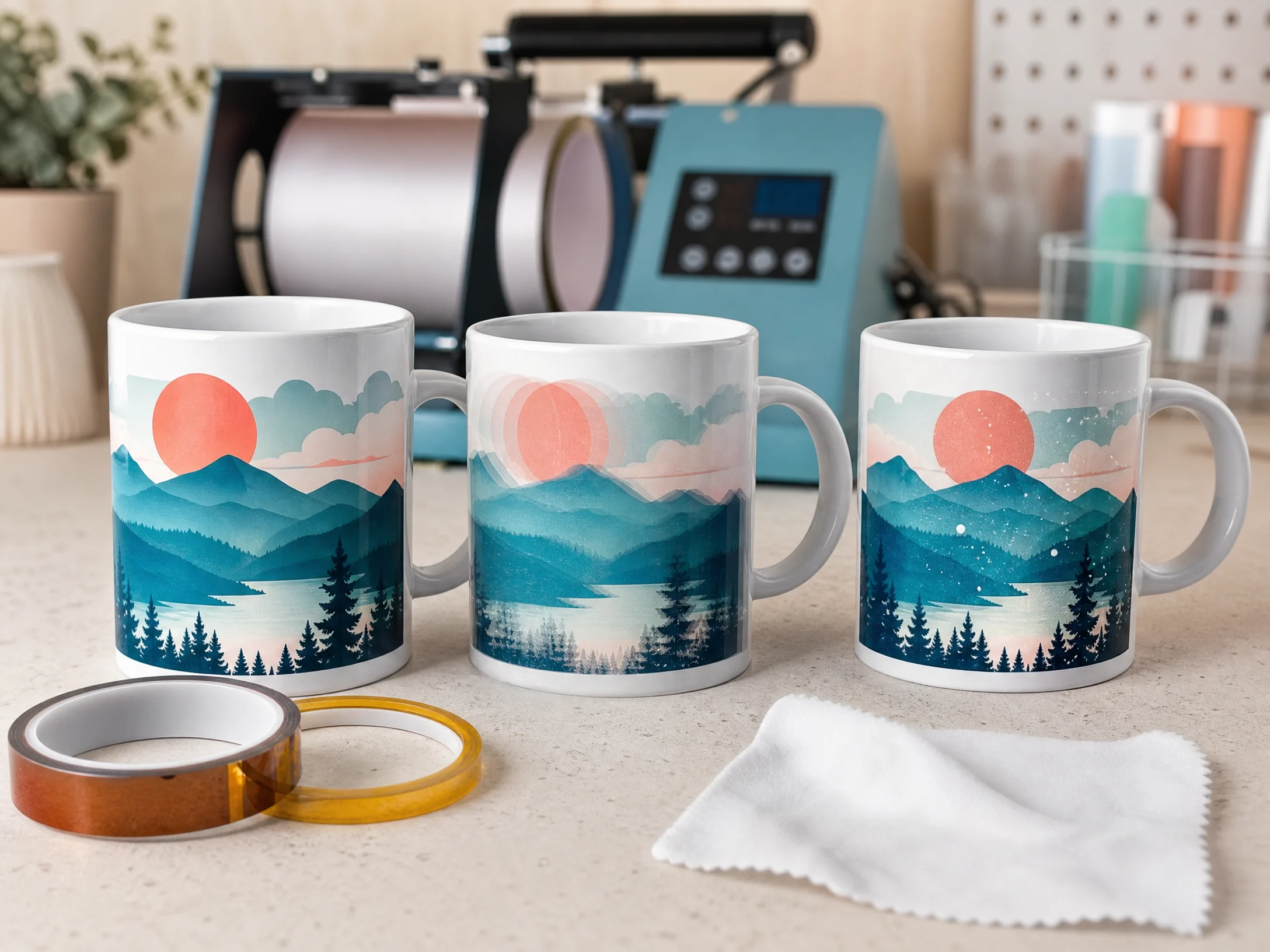 Three ceramic mugs showing a successful transfer, ghosting, and white specks