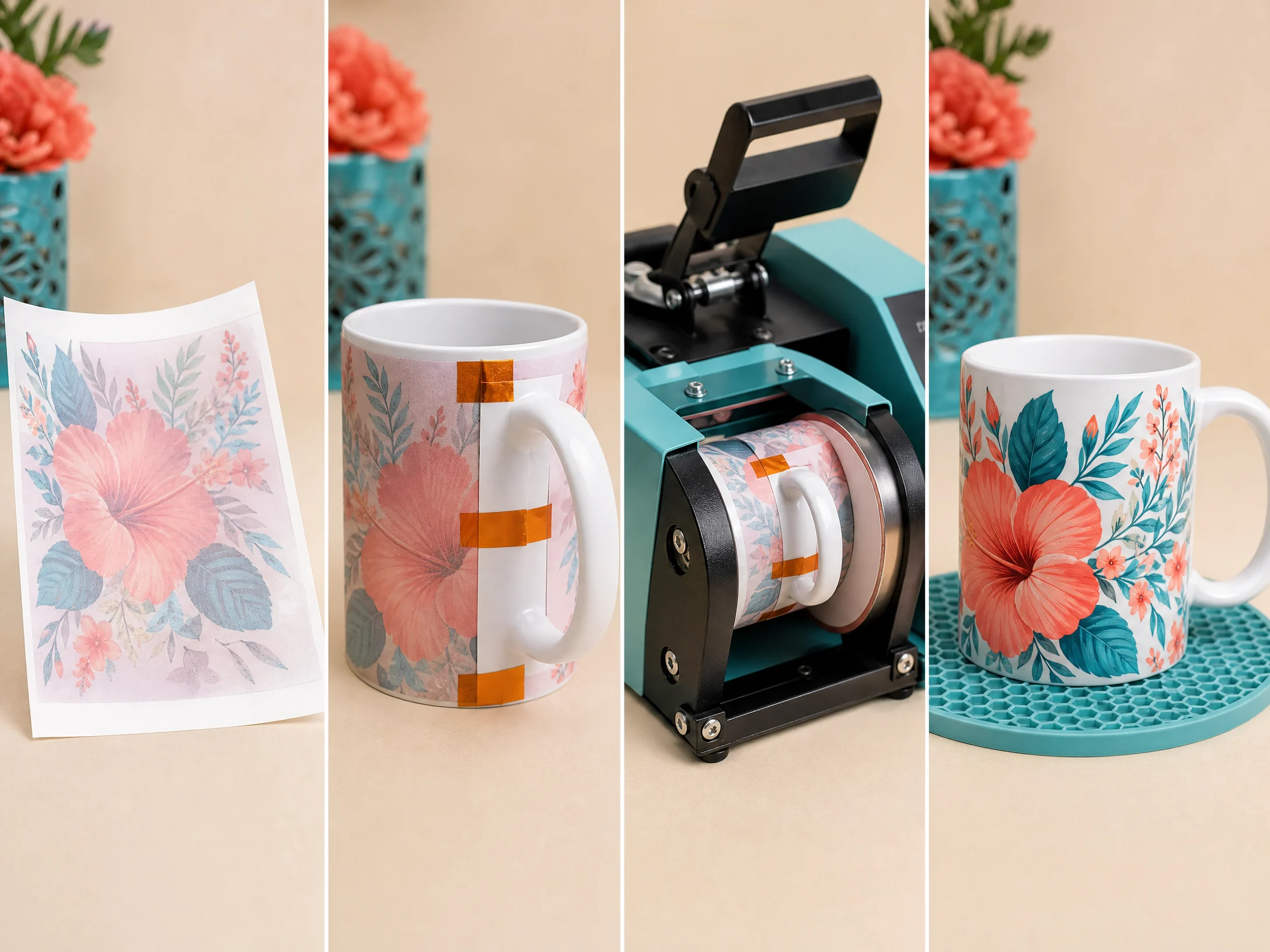 Four stages of the ceramic mug sublimation workflow, from transfer paper to finished mug