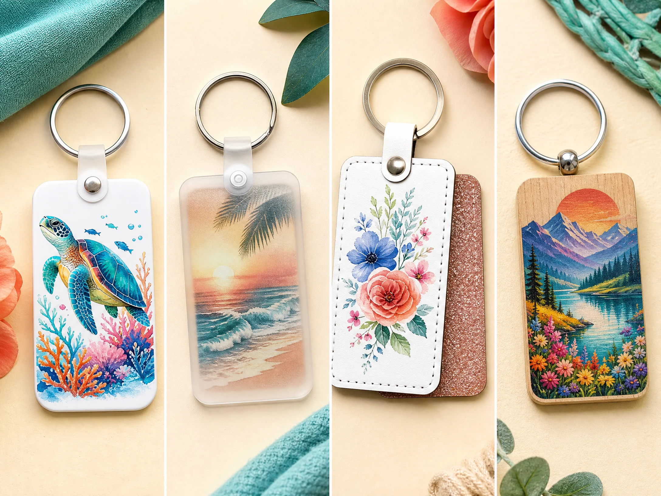 Comparison of FRP, acrylic, faux-leather, and wood sublimation keychain materials