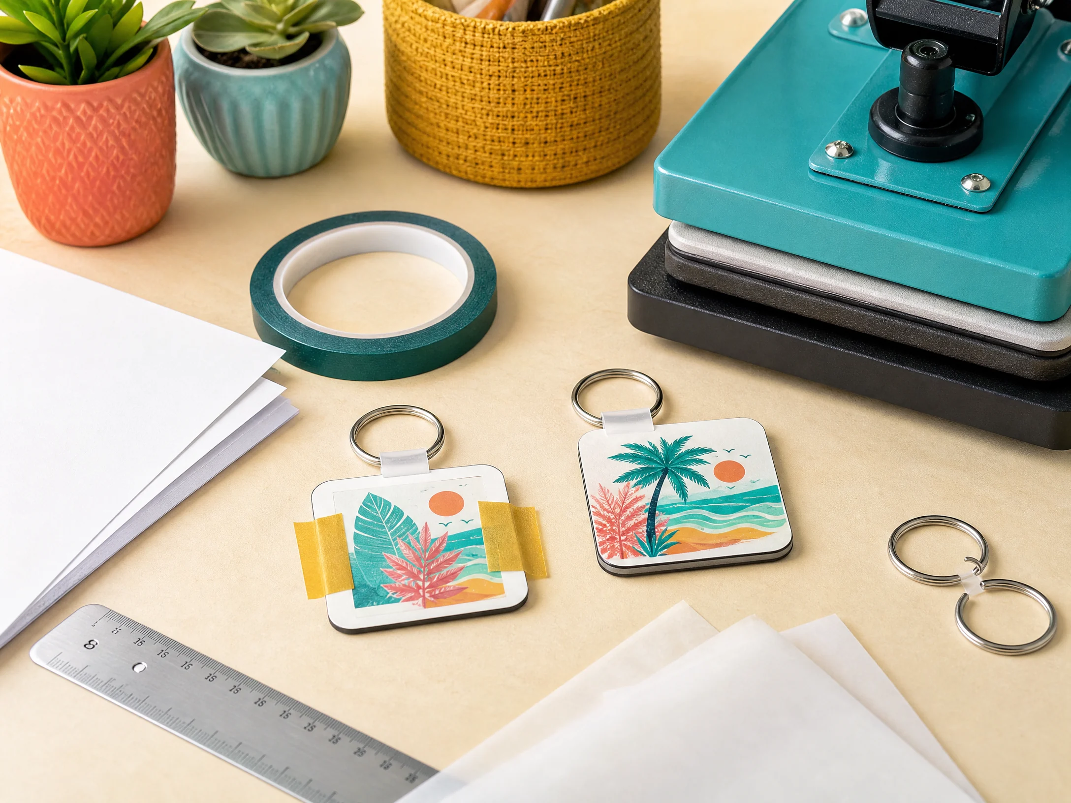 Keychain transfer precisely taped and sized beside a ruler, protective paper, and heat press