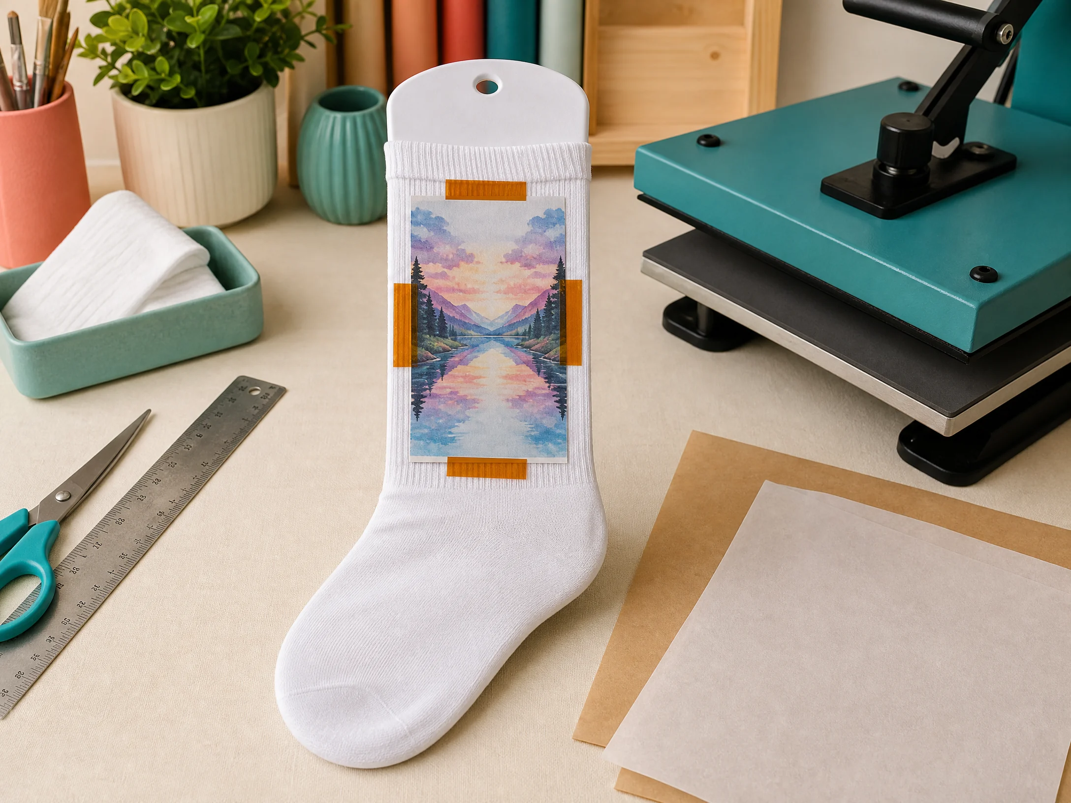 Sublimation sock blank stretched over a jig with a mirrored transfer, heat tape, ruler, and protective paper