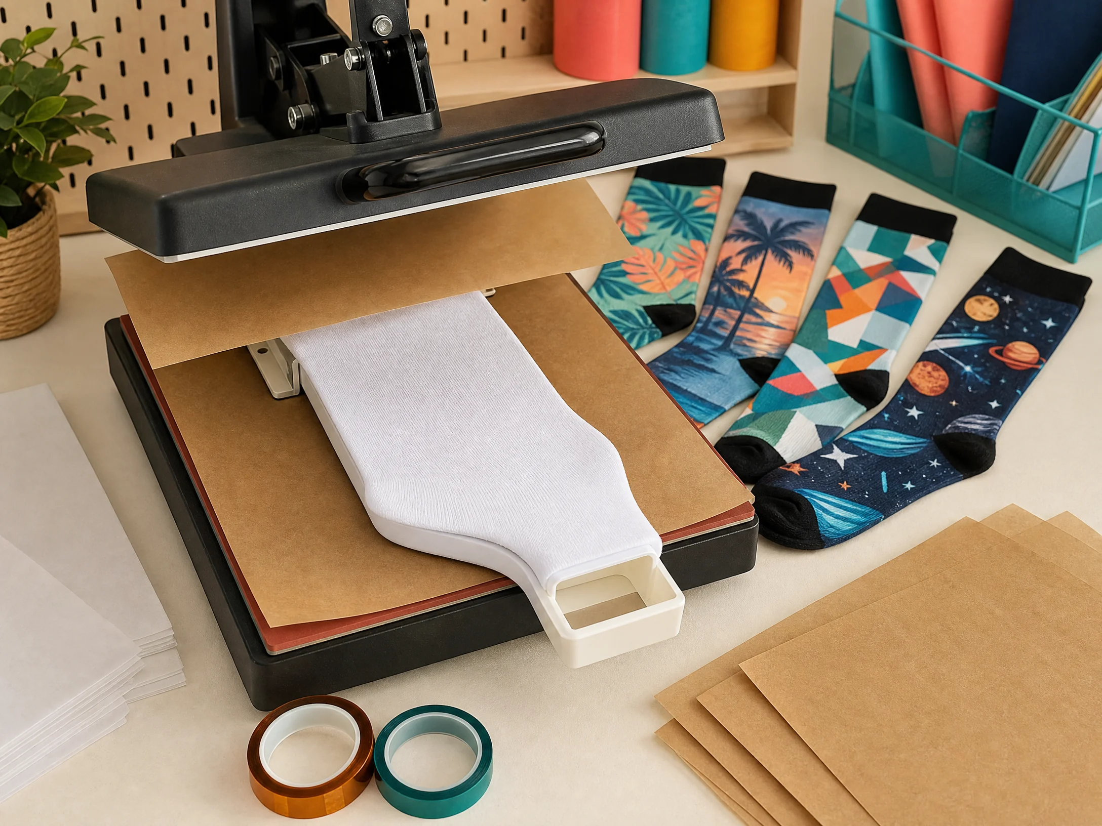 Sublimation sock on a jig under a heat press with protective paper and finished custom socks nearby