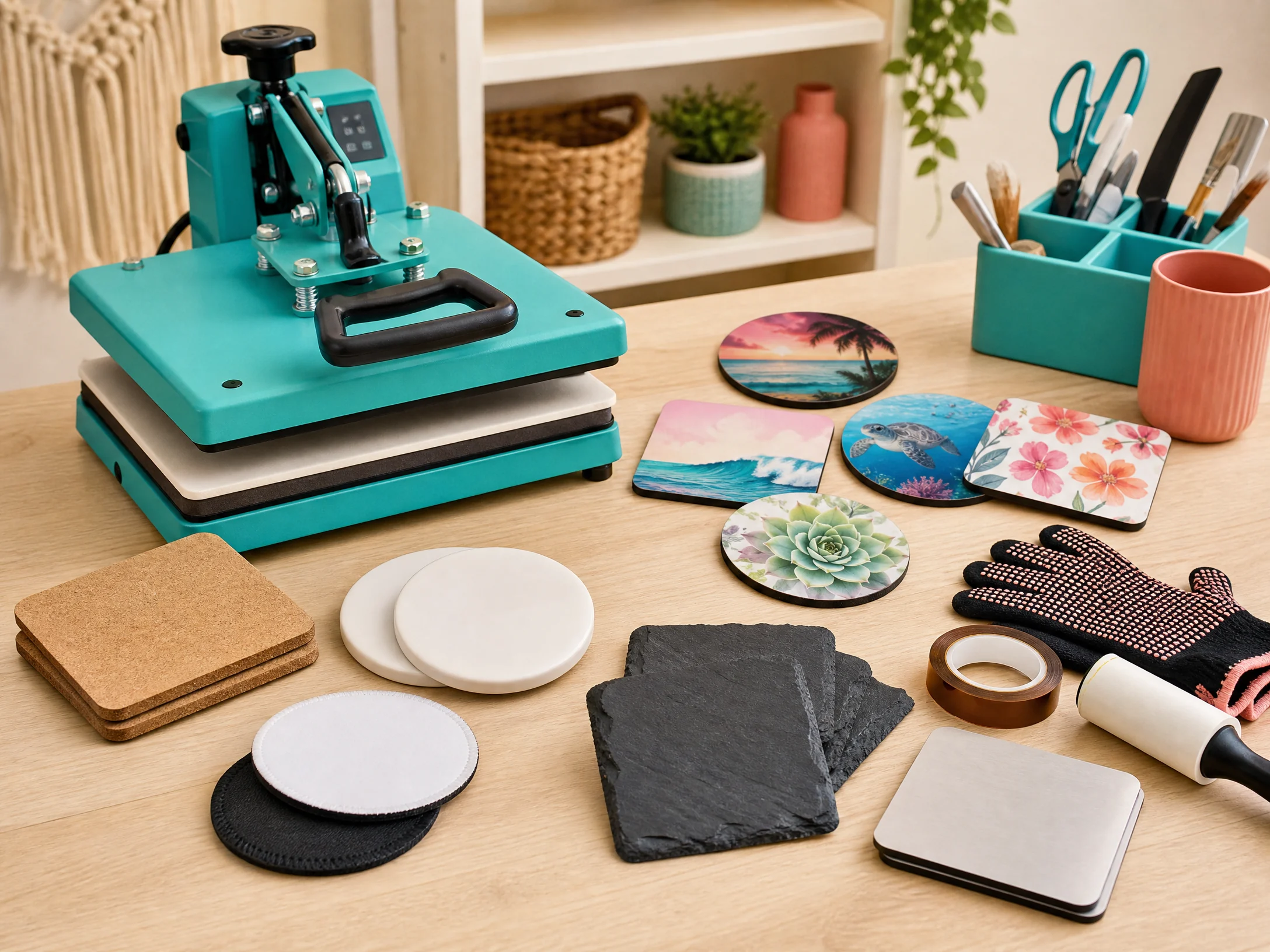 Different sublimation coaster blanks including MDF, ceramic, neoprene, slate, and coated metal
