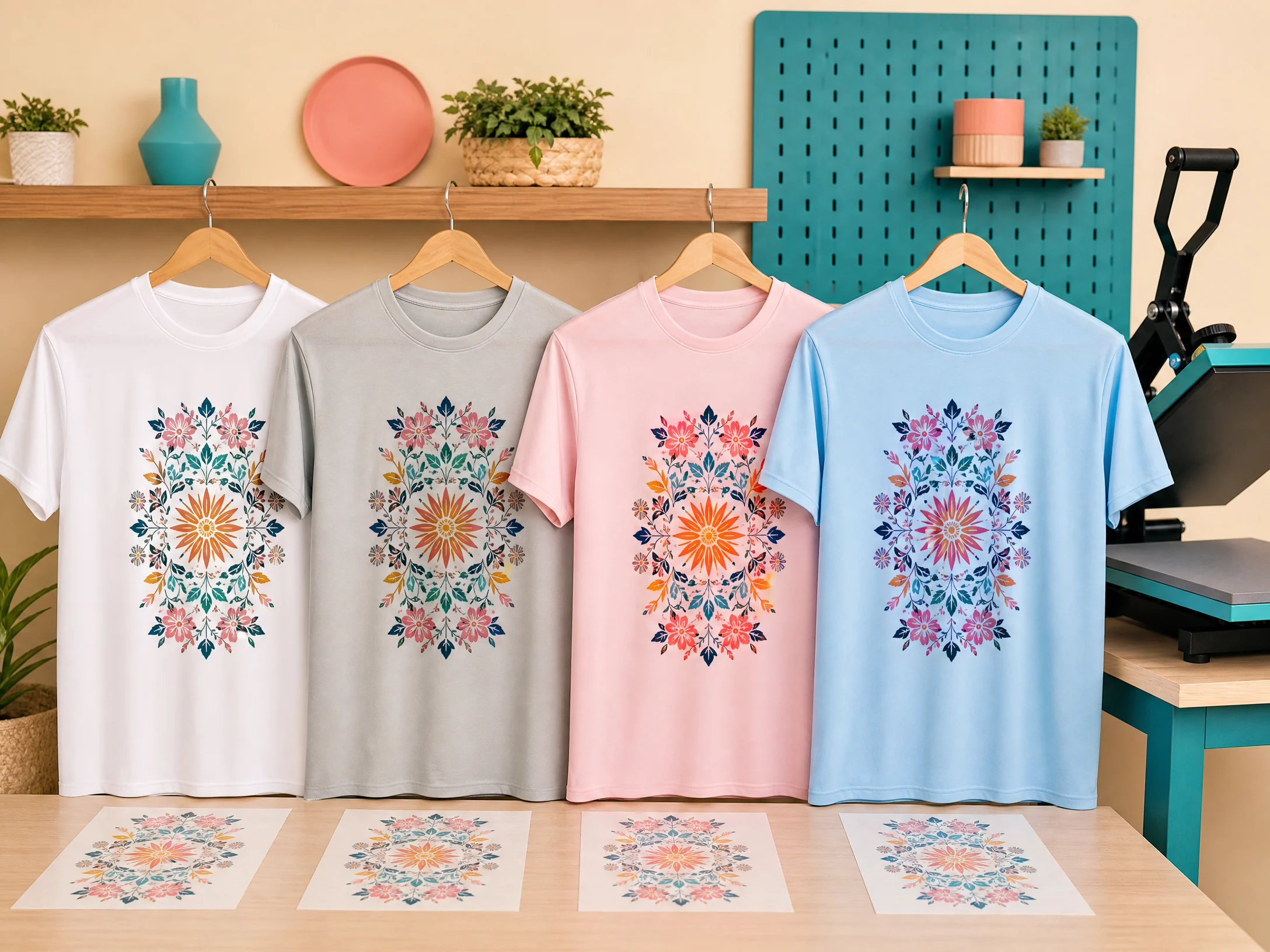 Comparison of white, light gray, pastel, and dark polyester shirts with sublimation color expectations