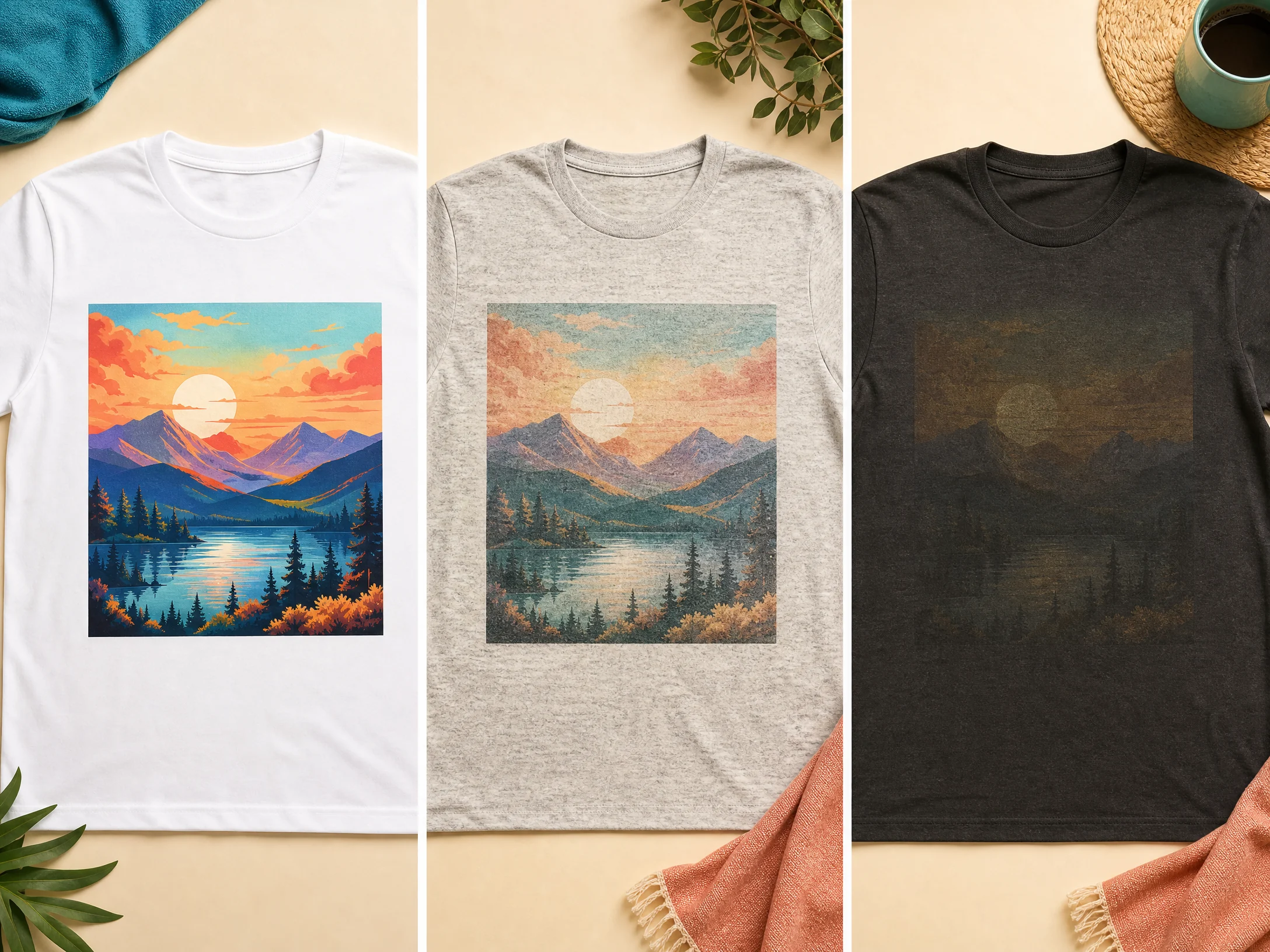 Comparison of a vivid 100% polyester sublimation shirt, a softer polyester blend, and a dark cotton shirt