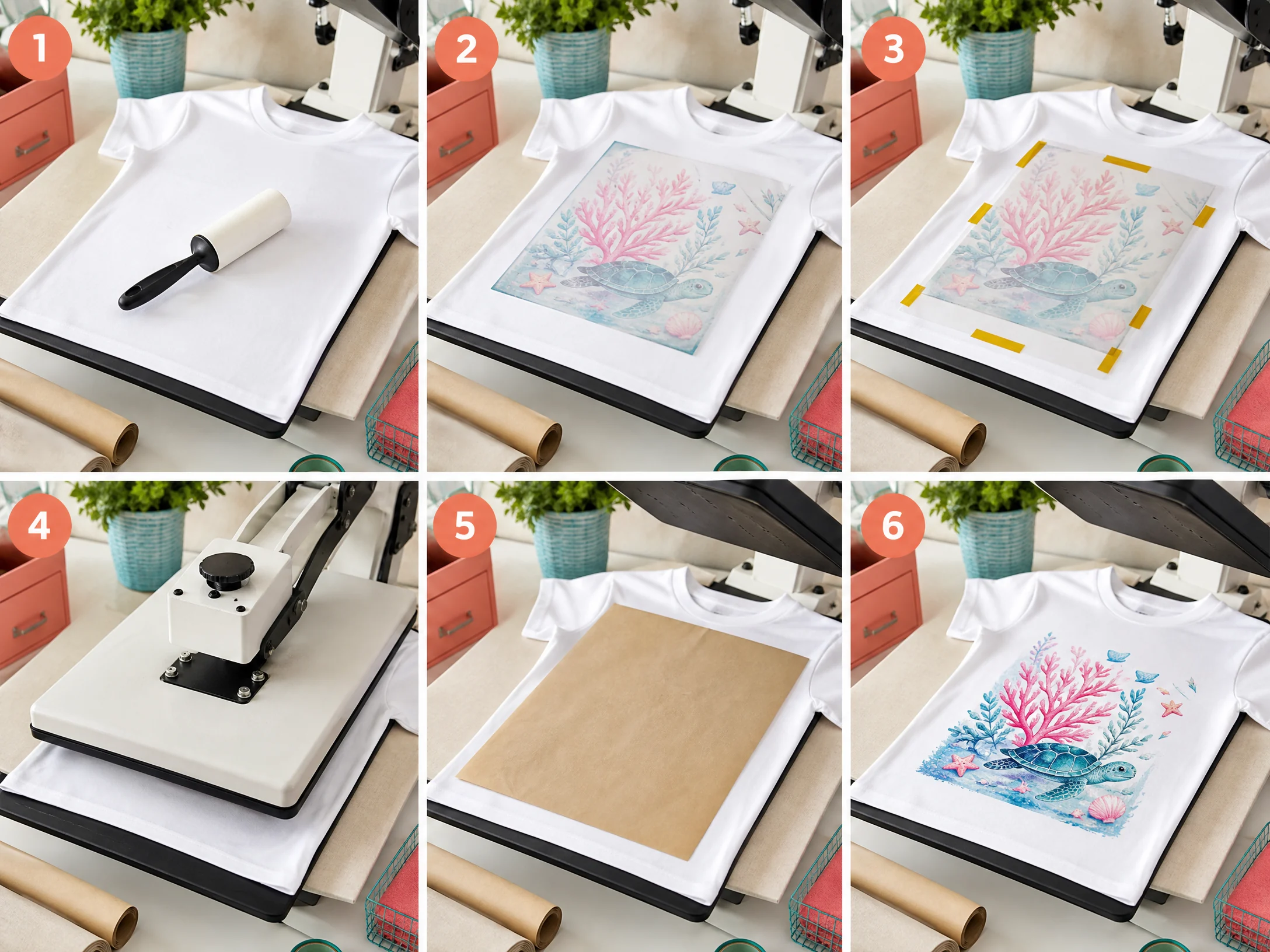 Preparing a white polyester shirt with a lint roller and sublimation transfer before pressing