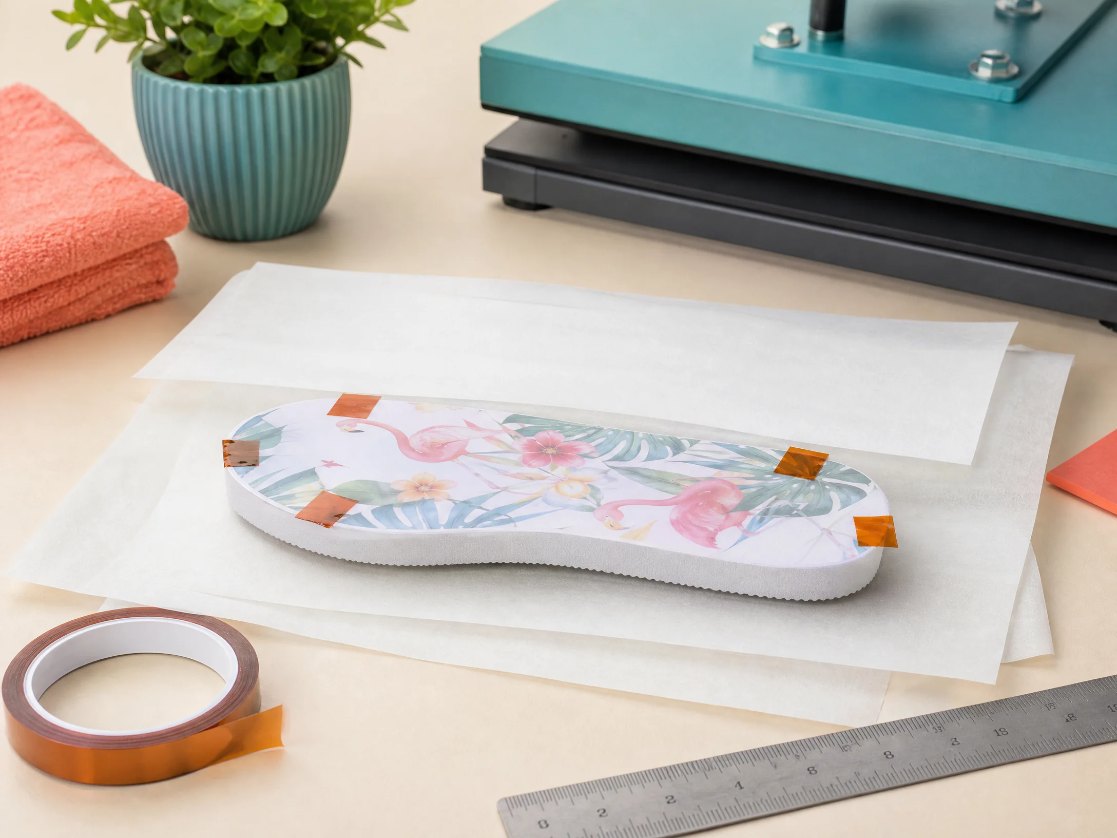 Sublimation transfer taped to a flip-flop sole with protective finishing sheets ready for pressing