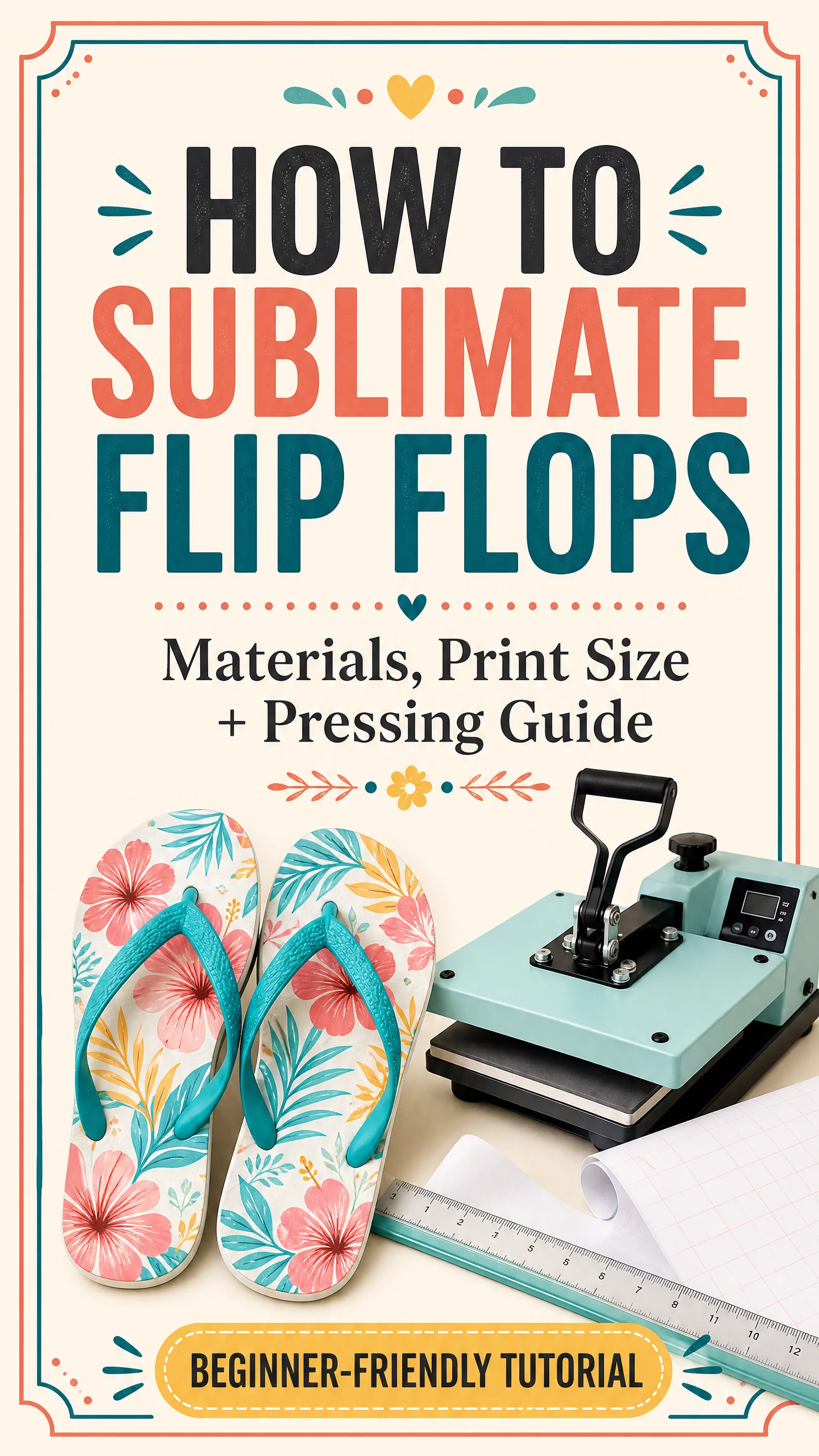 Pinterest pin about how to sublimate flip flops, including materials, print size, and pressing guidance